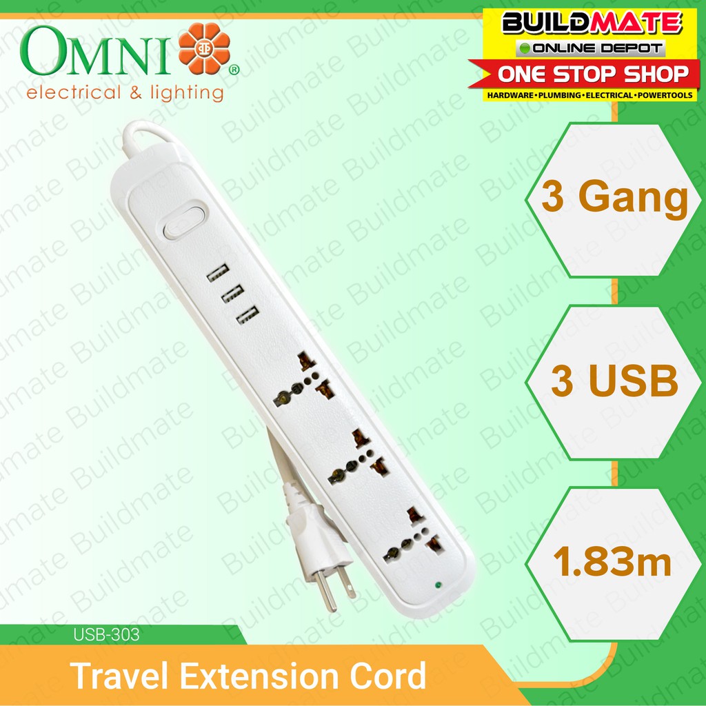 OMNI Travel Extension Cord with 3 USB Outlet USB303 •BUILDMATE