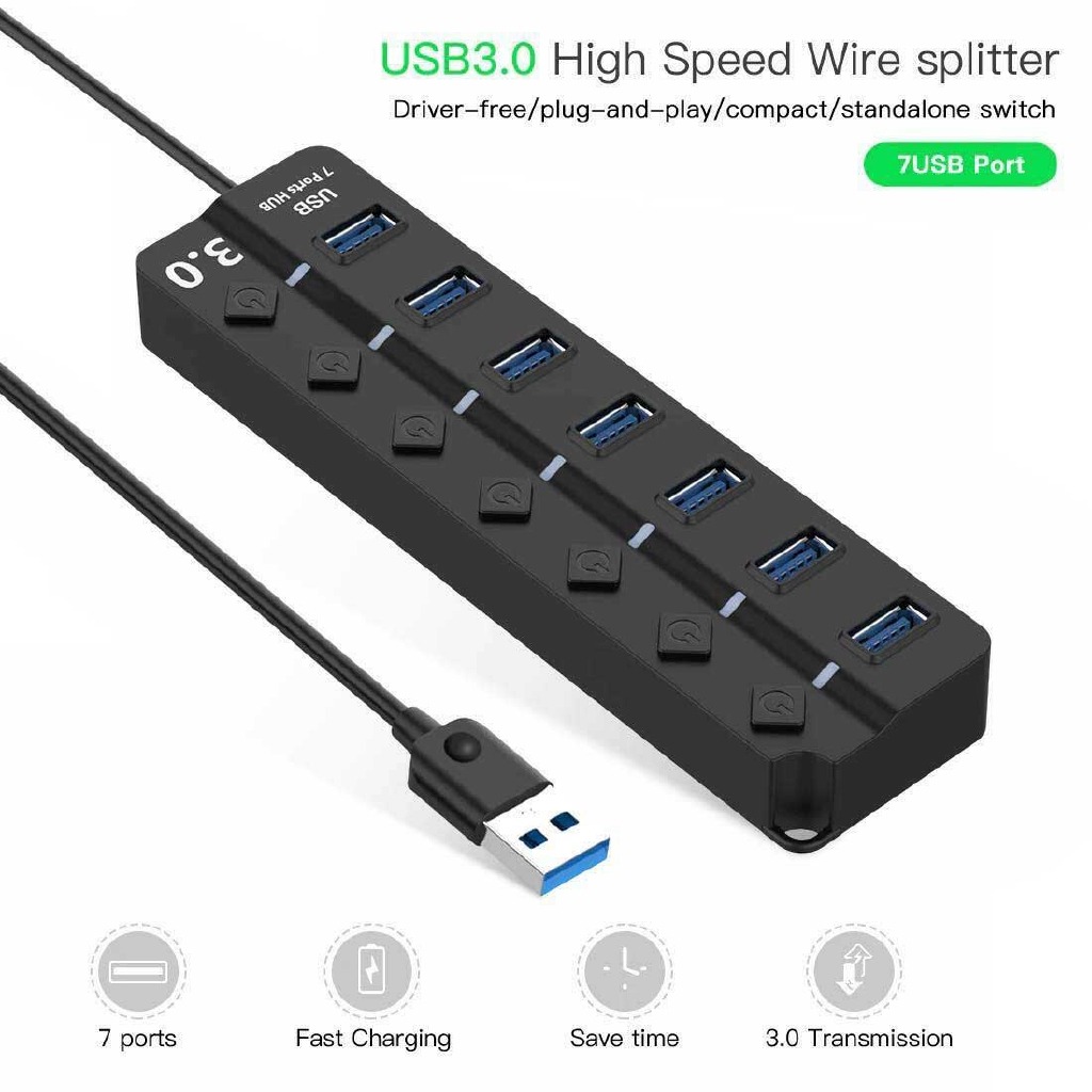 7 Ports USB Hub3.0 Fast 5GBPS Multi LED Splitter External Extension