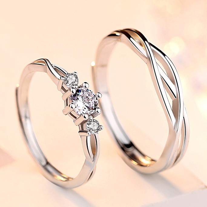 D&F Jewelry 2pcs 925 Silver Couple Ring Crystal Diamond Couple Wedding