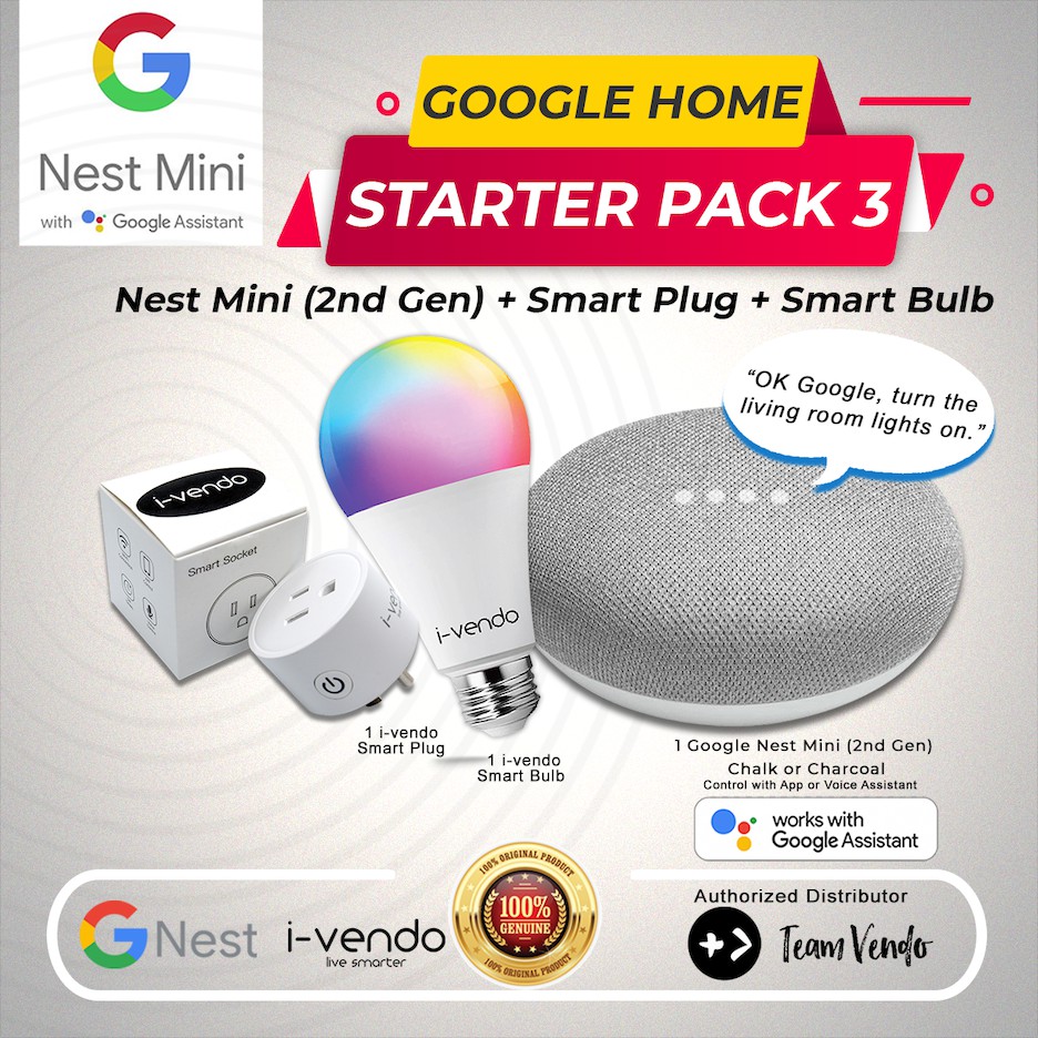 GOOGLE HOME STARTER PACK 3 Nest Mini 2nd Gen Smart Speaker + ivendo