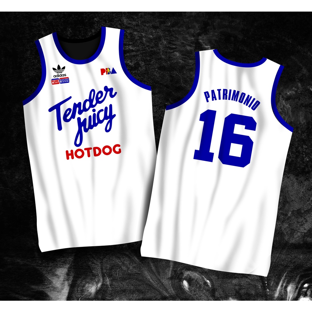 PBA RETRO JERSEY PUREFOODS TENDER JUICY HOTDOG WHITE&BLUE ALVIN