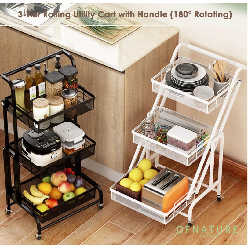 OFNATURE 3Tier Rolling Utility Cart with Handle Foldable Kitchen Cart