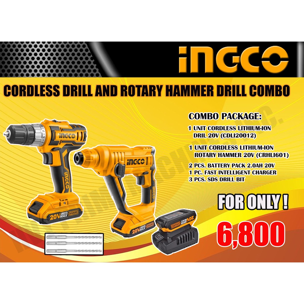 INGCO CORDLESS DRILL AND CORDLEE ROTARY HAMMER COMBO PROMO 20V Shopee