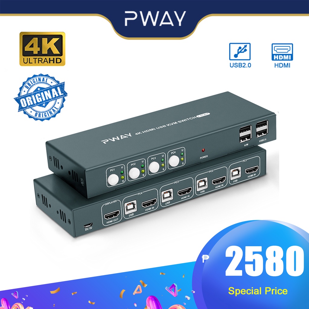 PWAY KVM Switch HDMI 4 In 1 Out Support Up To 4K30Hz Four Device