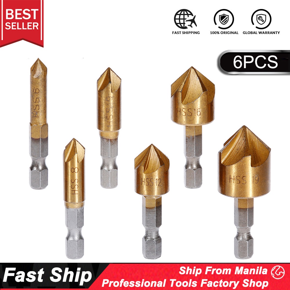 6pcs 5 Flute Countersink Drill Bits Set Counter Sink Chamfer Cutter 1/4 Hex Shank 6mm19mm