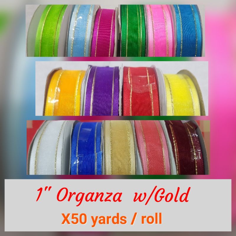 1" (7/8) Organza with Metallic Gold Lining Ribbon / Ribbon with Design