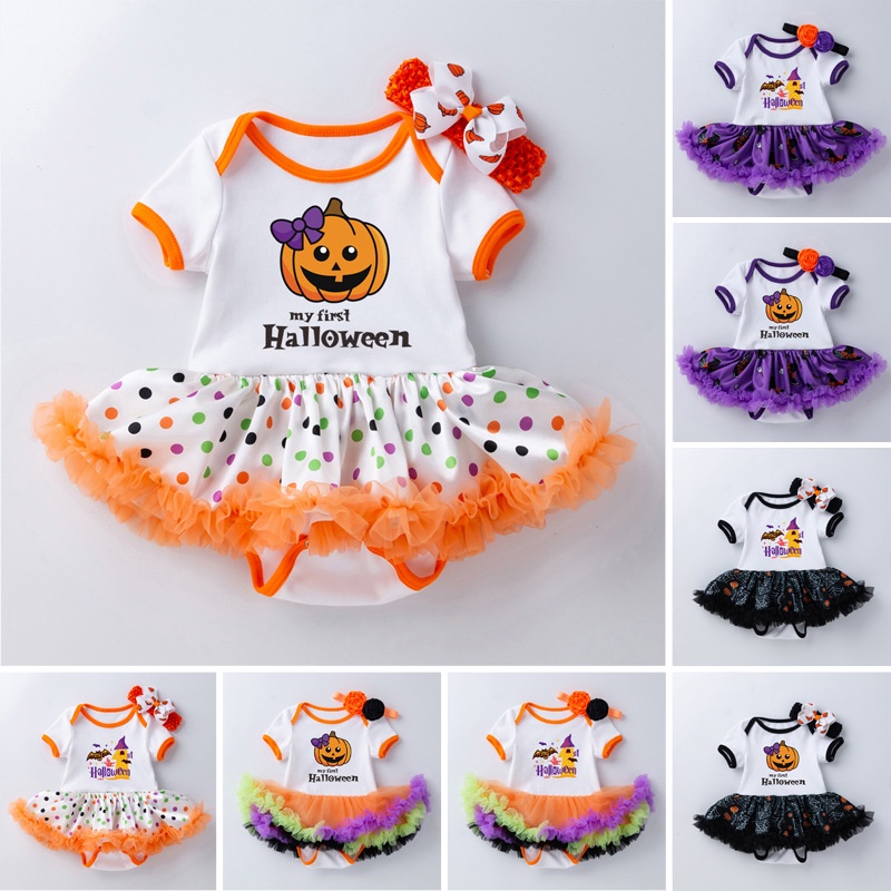 Halloween Baby Dress Short Sleeve Cartoon Pumpkin Princess Black Purple
