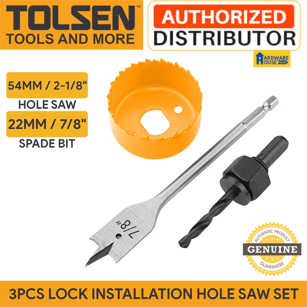 ORIGINAL TOLSEN 3PC Lock Installation Hole Saw Set Carbon Steel Flat Wood Spade Bit for Door