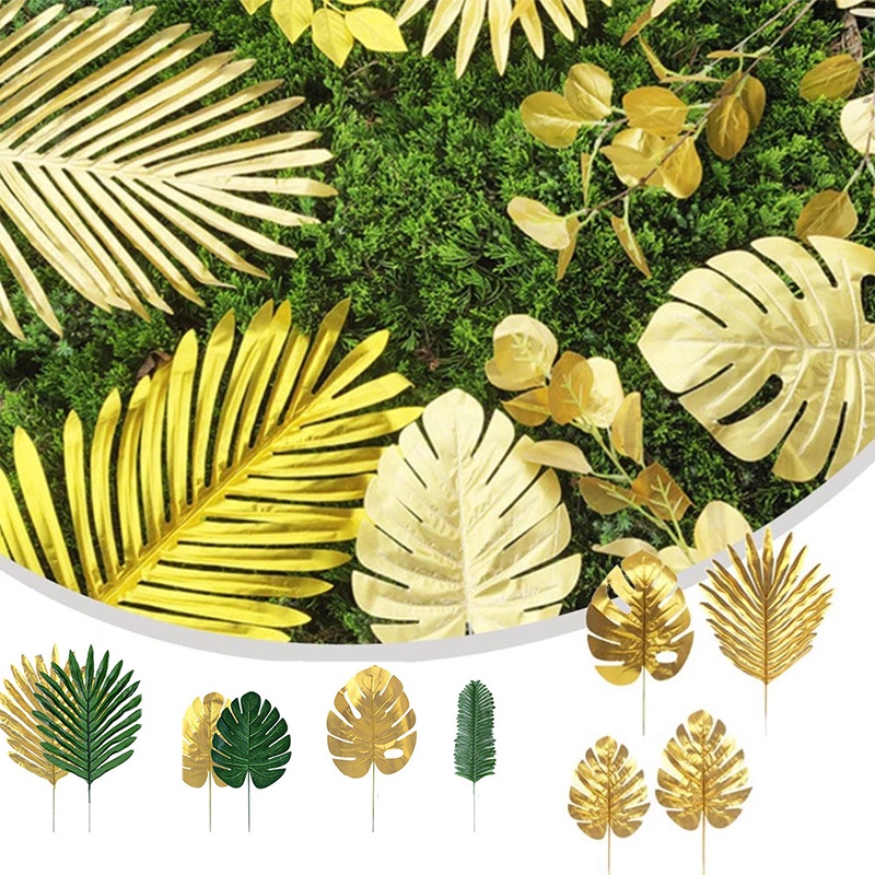 1PC Artificial Palm Leaves Gold Green Tropical Palm Tree Leaves Jungle