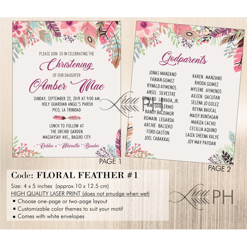 Floral INVITATIONS FOR BAPTISM/CHRISTENING HIGH QUALITY LASER PRINT w