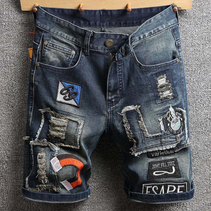 Summer Cool Men Fashion Brands Ripped Patch Embroidered Pattern Denim