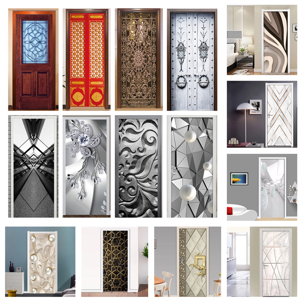 Imitation Wooden Door Modern Lines Door Sticker Abstract Art Mural Wallpaper PVC Selfadhesive
