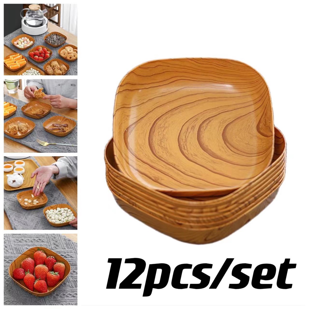 12pcs/set Kitchen Wood Grain Plastic Square Plate Dried Fruit Fruit