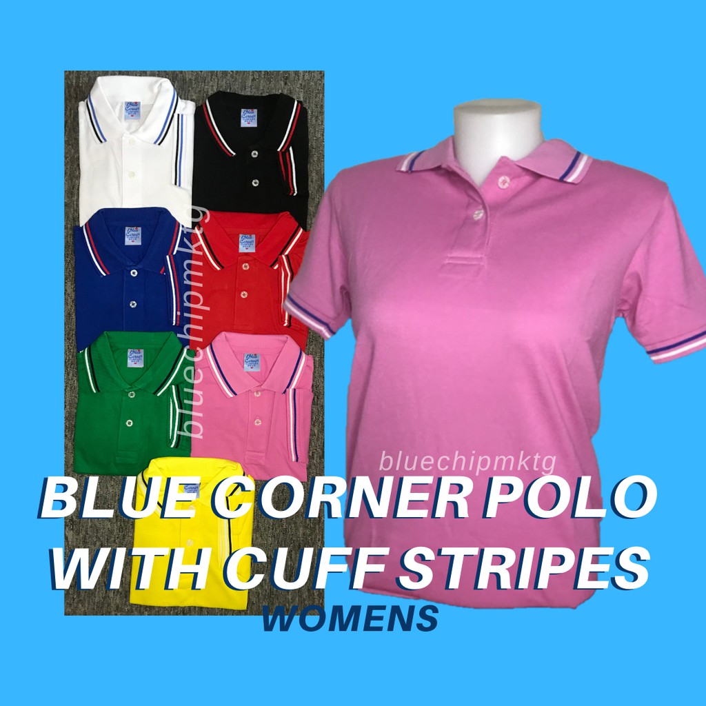 Women's Cotton Blue Corner Polo Shirt w/ Cuff Stripes (Style2) (White