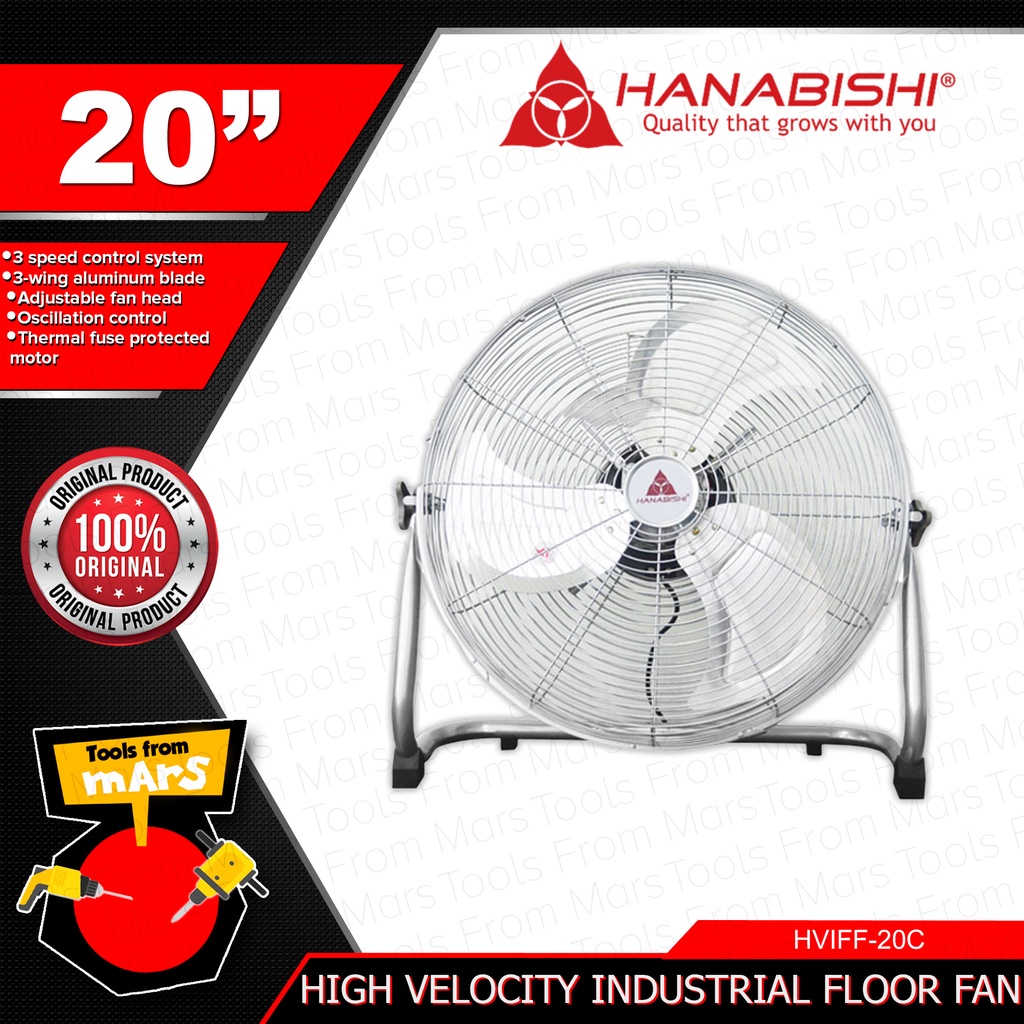 HANABISHI High Velocity Industrial Floor Fan 20" with 3 Speed Control