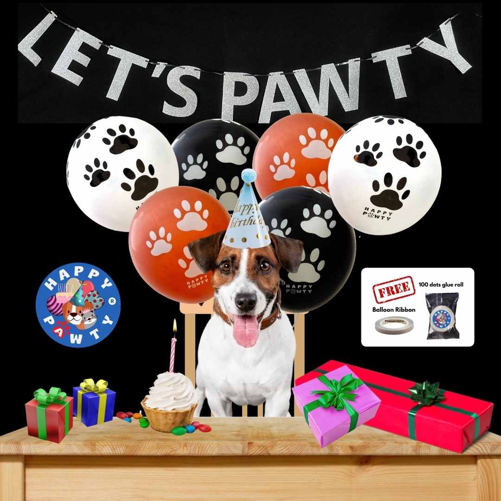 Let's Pawty Banner w/ Balloon and Hat COMPLETE Pet Party Birthday Set