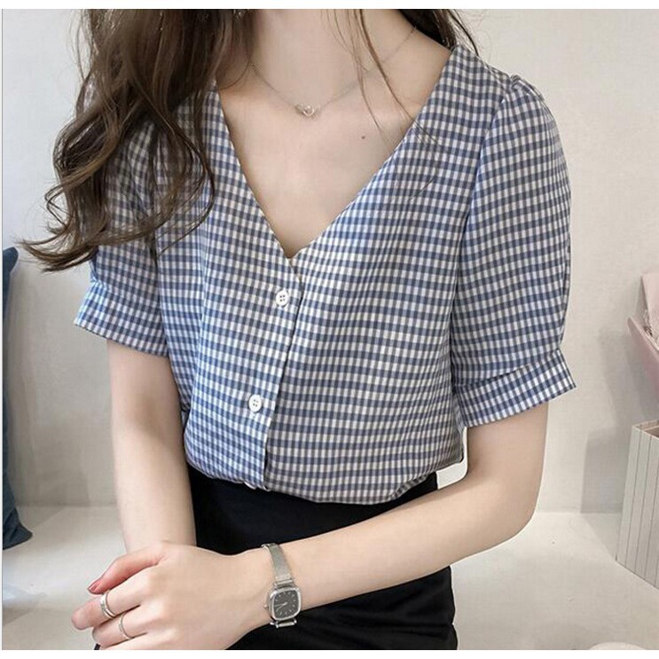 Ready Stock Women Korean Fashion Vneck Shortsleeve Button Casual