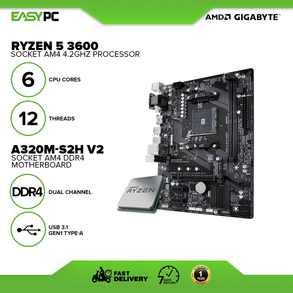 AMD Ryzen 5 3600 Processor + Gigabyte A320MS2H V2 Motherboard
