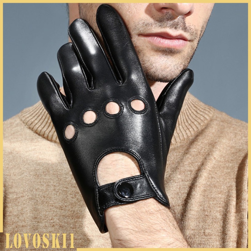 Men Retro Black Real Leather Driving Gloves Lined Screen Touch Wrist