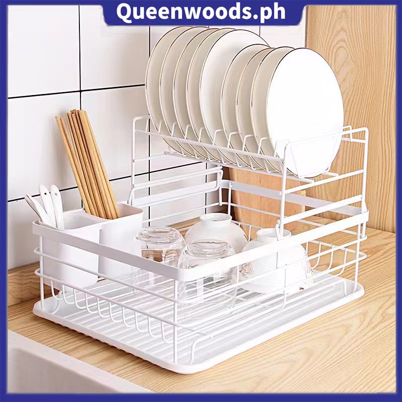 COD 2 Tier Metal Plate Dish Drainer Rack Dishes Chopstick Holder