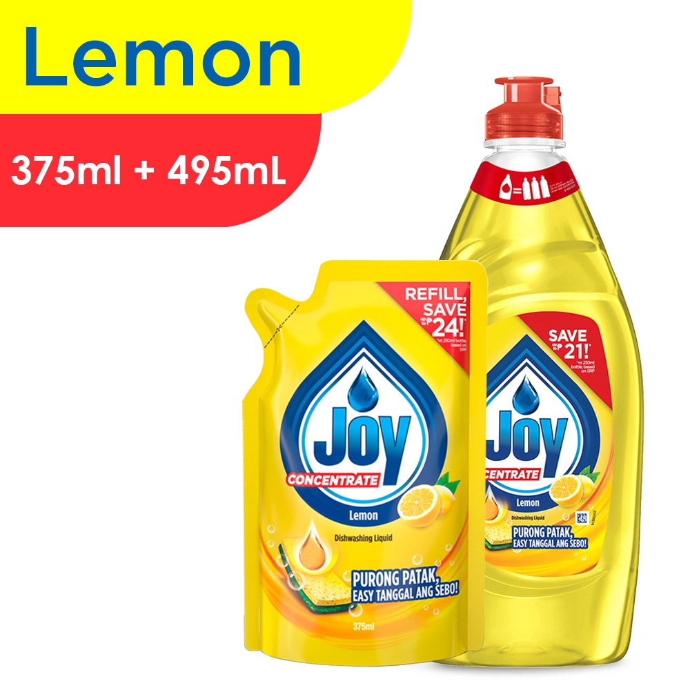 Joy Lemon Concentrate Dishwashing Liquid Bottle (495mL) + Refill (375mL