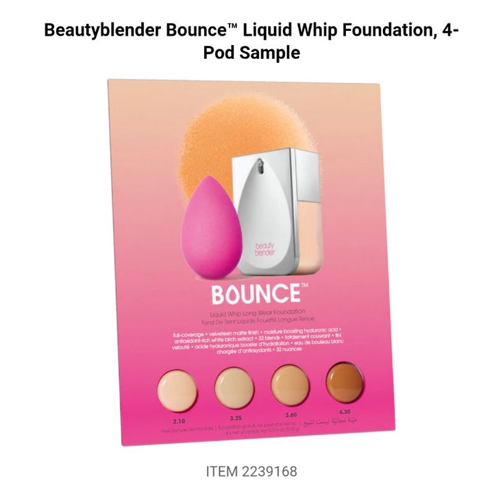BEAUTY BLENDER Bounce Liquid Whip Long Wear Foundation, 4pod sample
