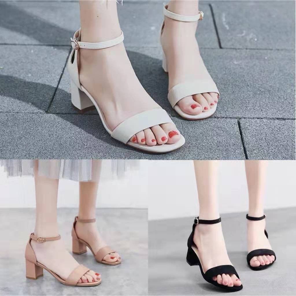 Korean Suede High Heel Sandals Block Heel 2.5'' Shopee