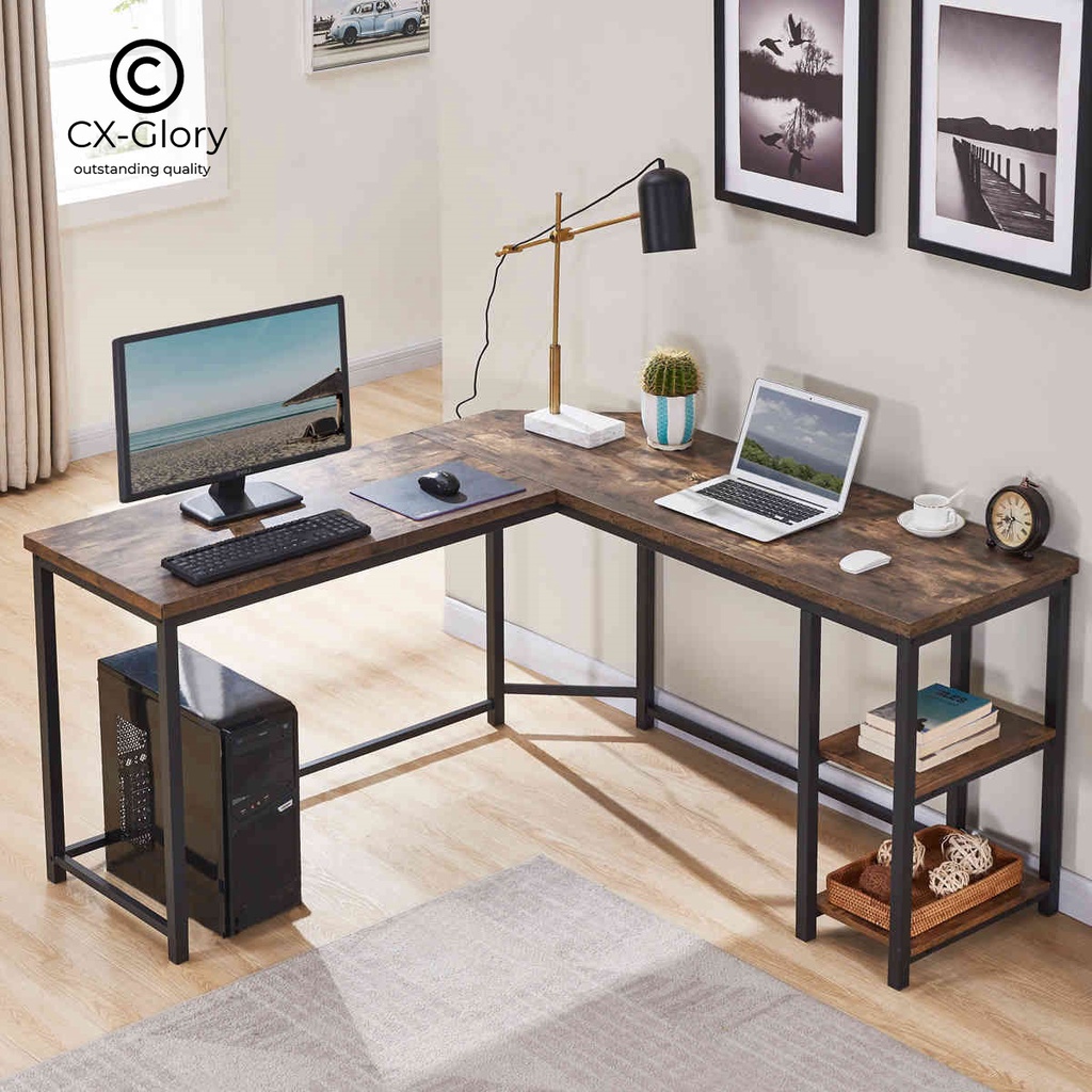 Lshaped computer desk, industrial wood and metal sturdy corner table