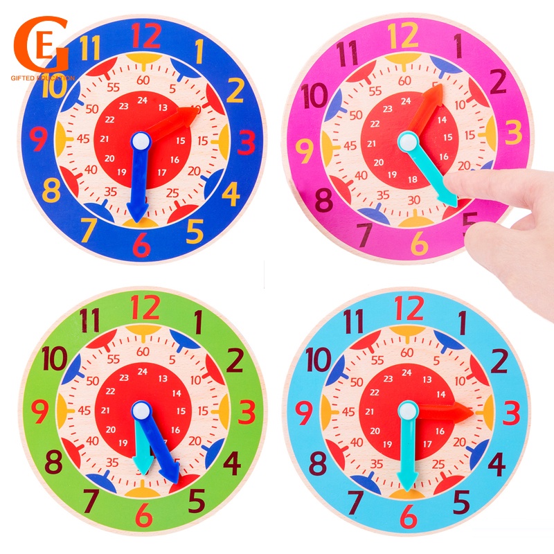 Montessori Math Toys Wooden Clock Kids Learn To Tell The Time Wood