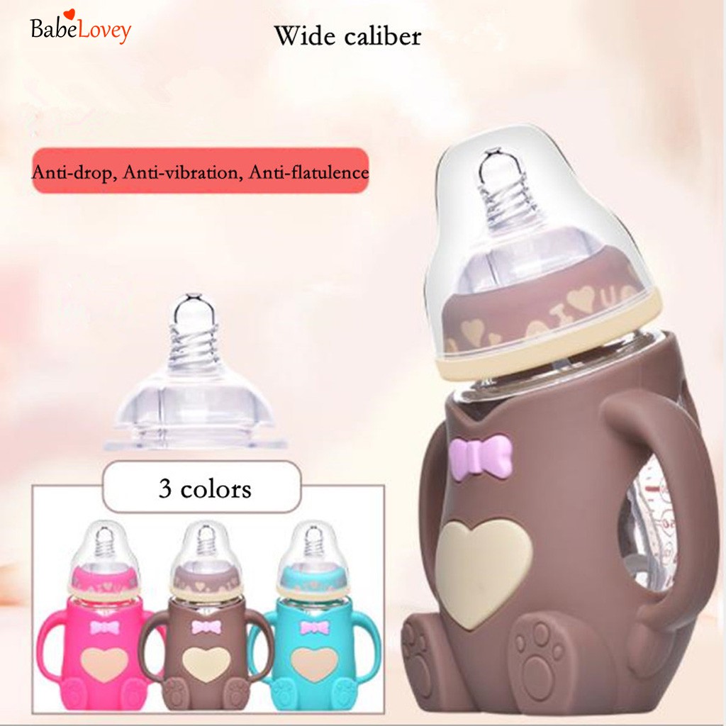 Infant Baby Cute Feeding Glass Bottle Safe Silicone Milk Bottle With