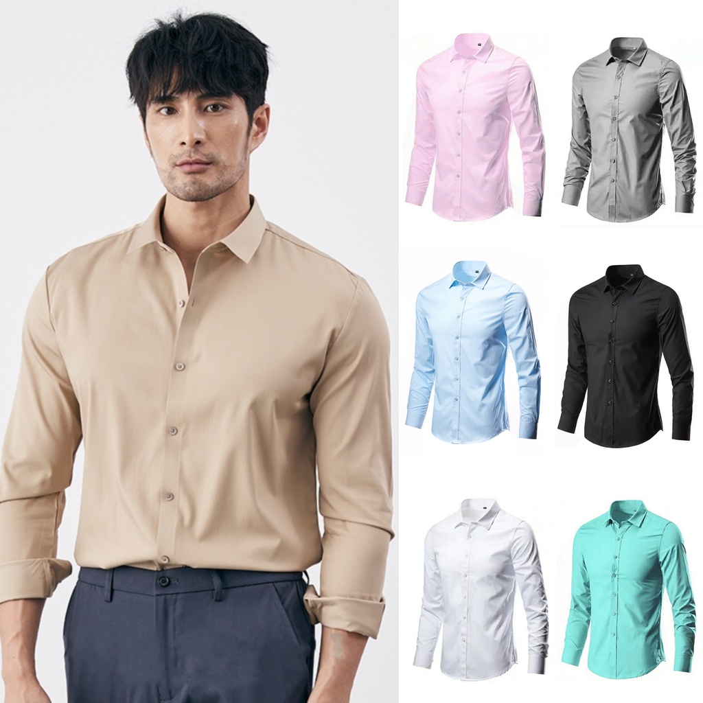 HUILISHI Long Sleeve Formal/Business Polo for Men Plain Cotton 7 Colors