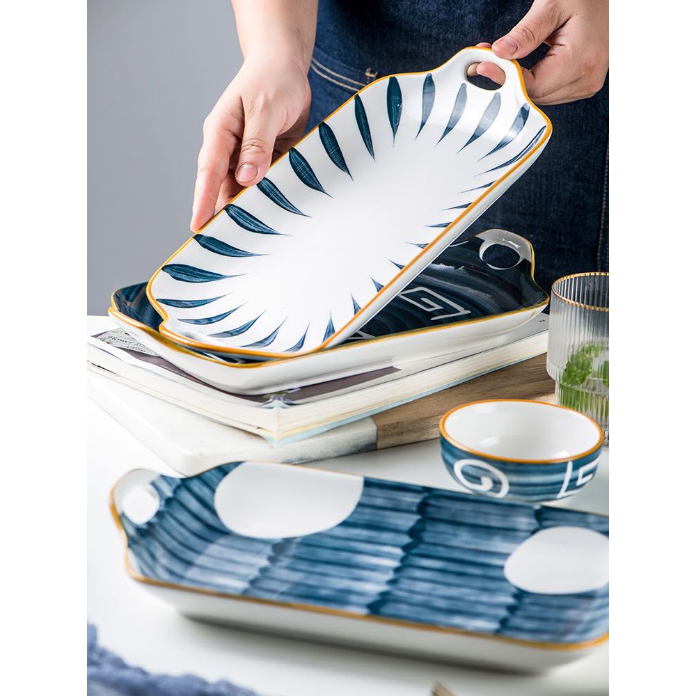 11.8" Japanesestyle Rectangle Ceramic Handle Plate Ceramic Bakeware