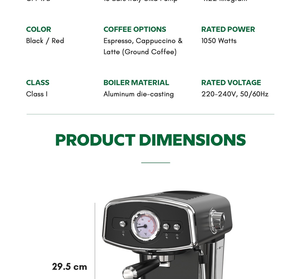 Vermax Coffee machine w/temperature display & milk frother 15 Bar Stainless Steel Espresso