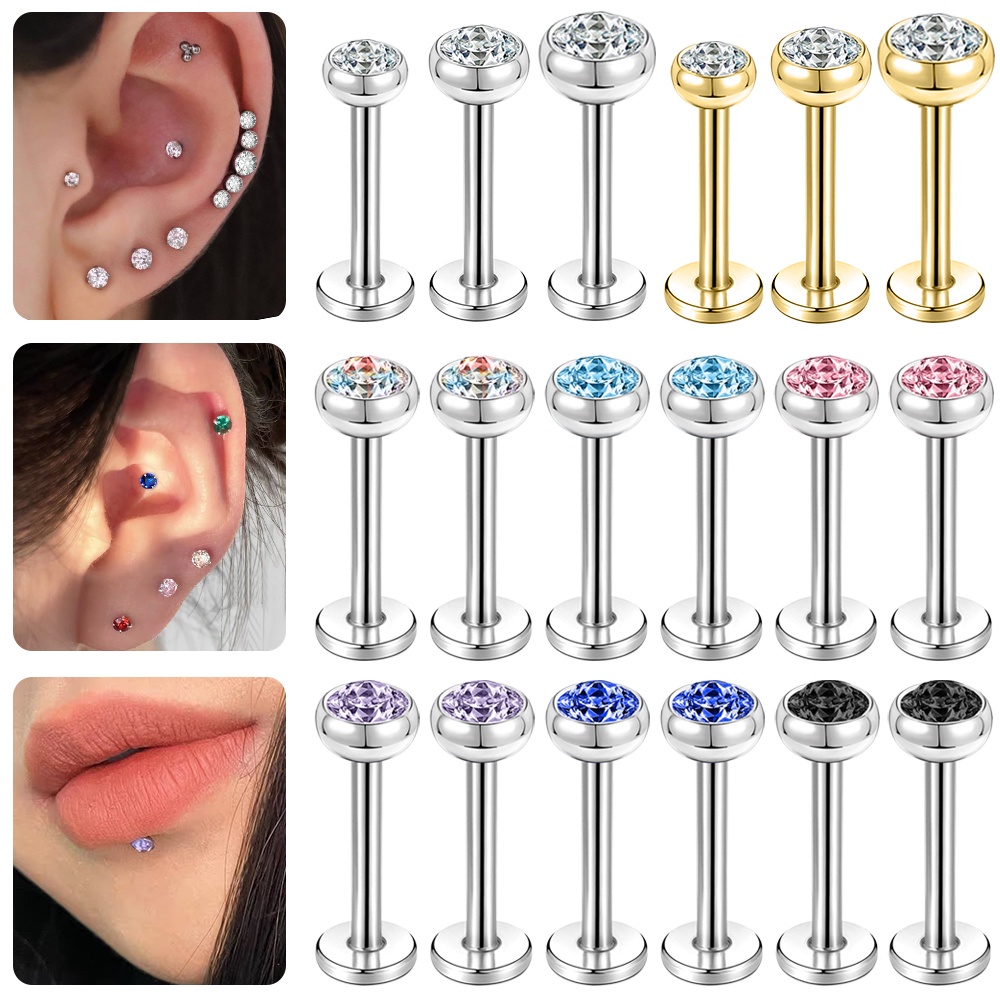 1 PC 2/3/4mm Color Crystal Lip Stud Stainless Steel Labret Piercing