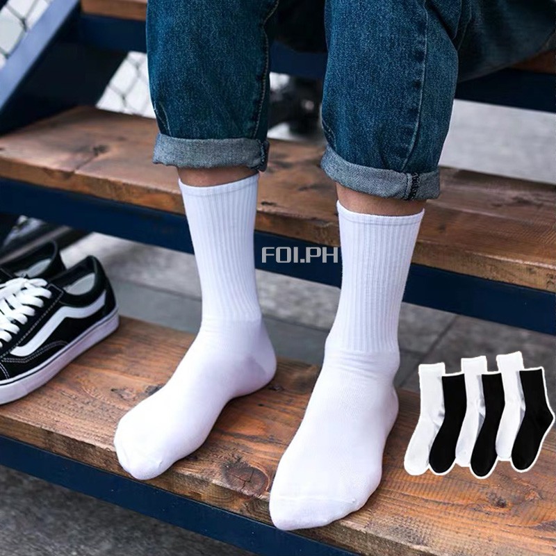 [Ready Stock] Men's Long Sports Socks Cotton Plain Black/White for boys