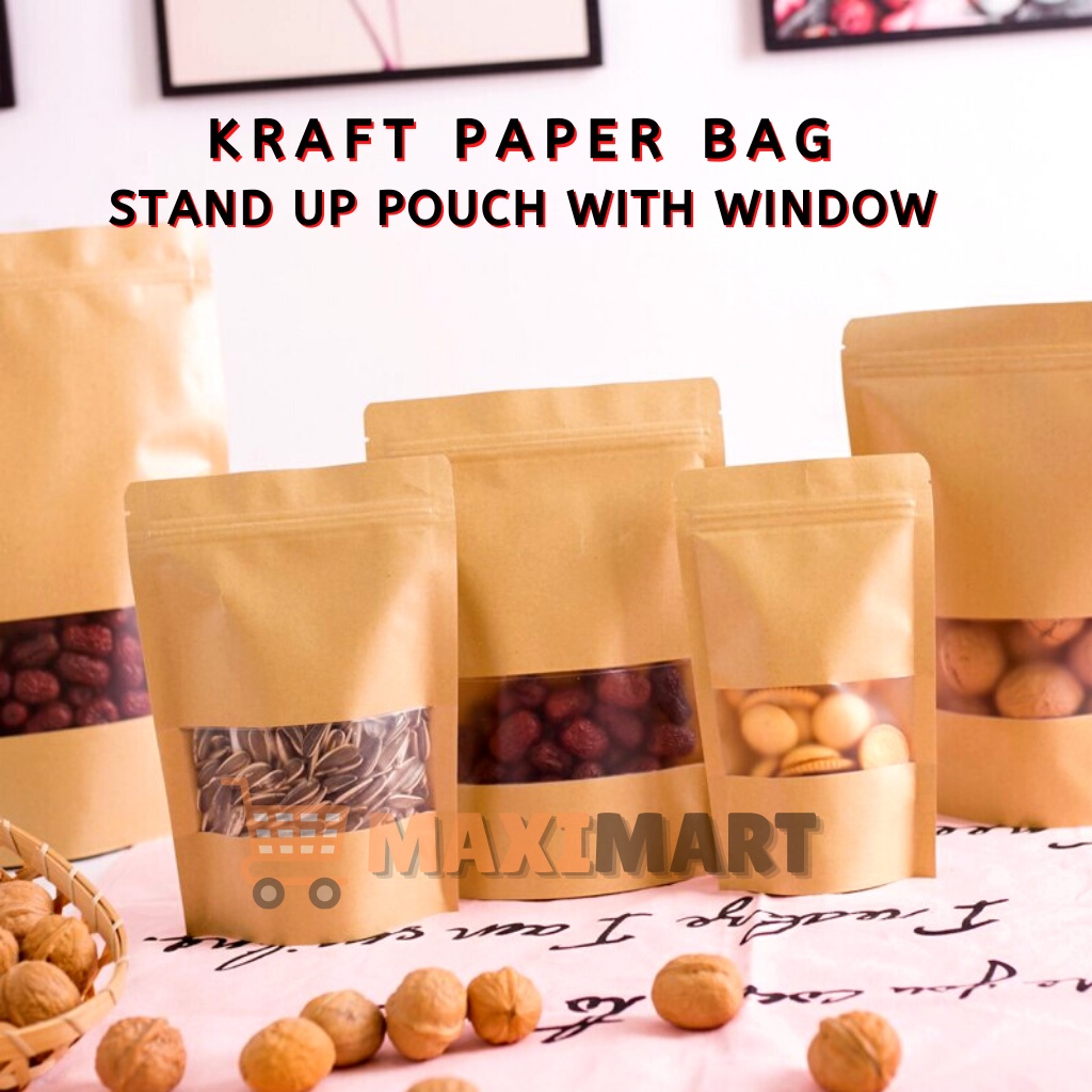Kraft Brown Paper Bag Stand Up Pouch with Zip Lock Ziplock Window Bread