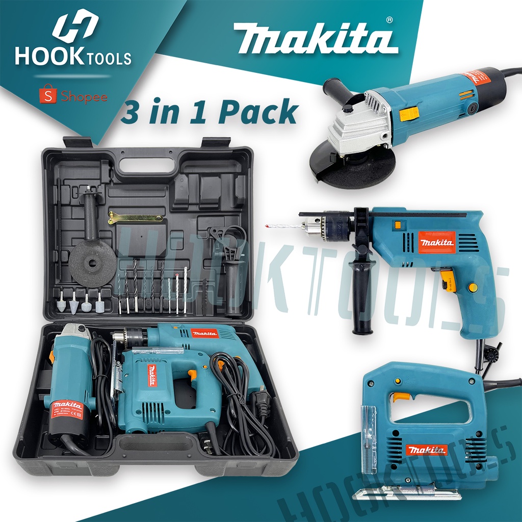 HOOK Makita 3 in 1 Angle Grinder and Impact Drill and JigSaw Set With