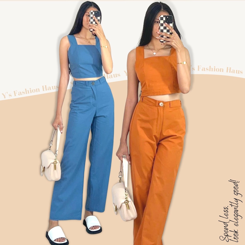 LUNA Cropped Linen Square Neck Top and Wide Leg Button Zipper Trouser