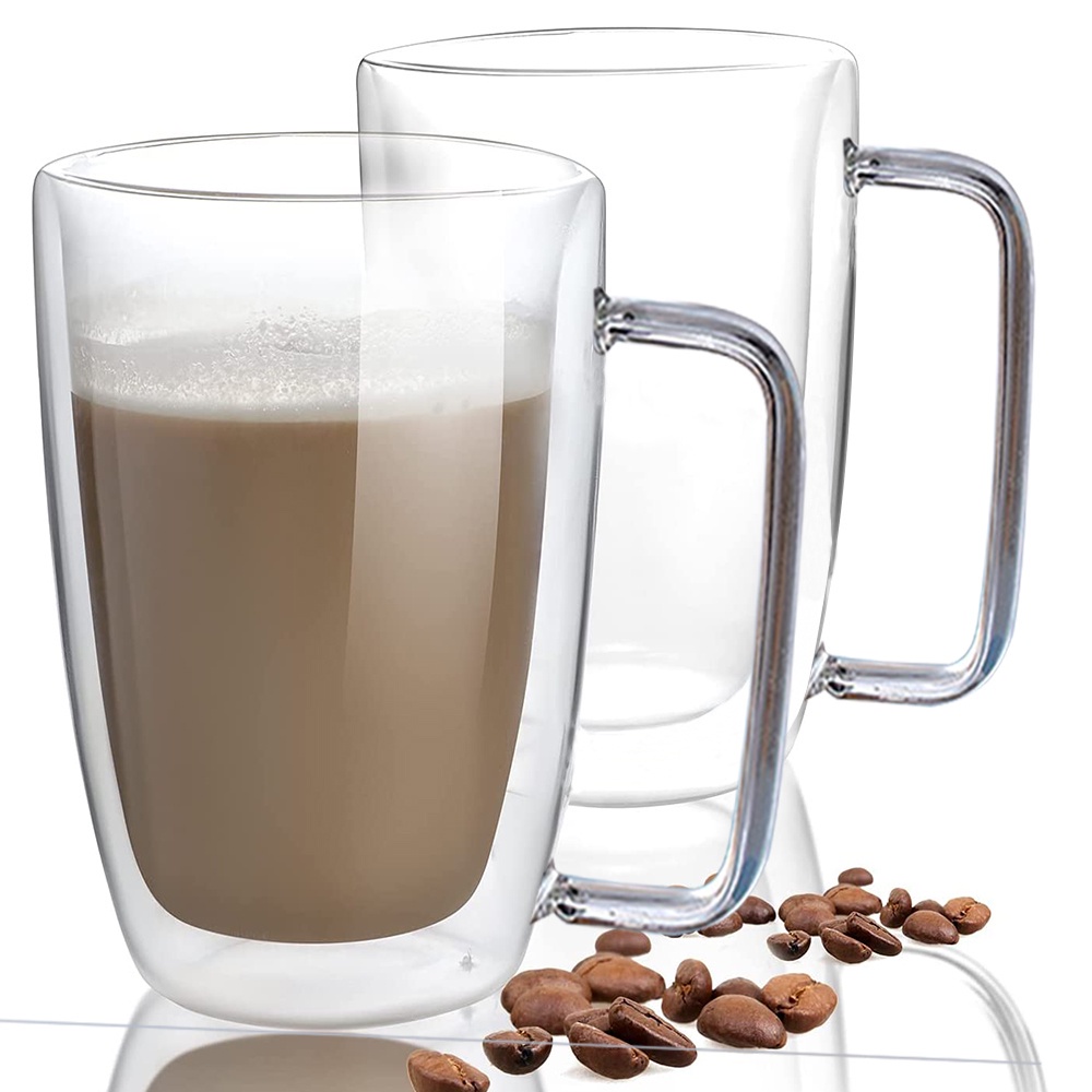 SK Mixes 450ml Double Wall Glass with Handle Drinkware Clear Coffee