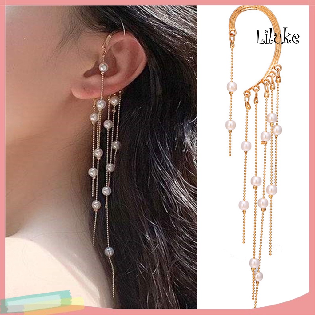 LKWomen Earring Tassel Imitation Pearl Gold Color Bohemian All Match Ear Clip for Dating
