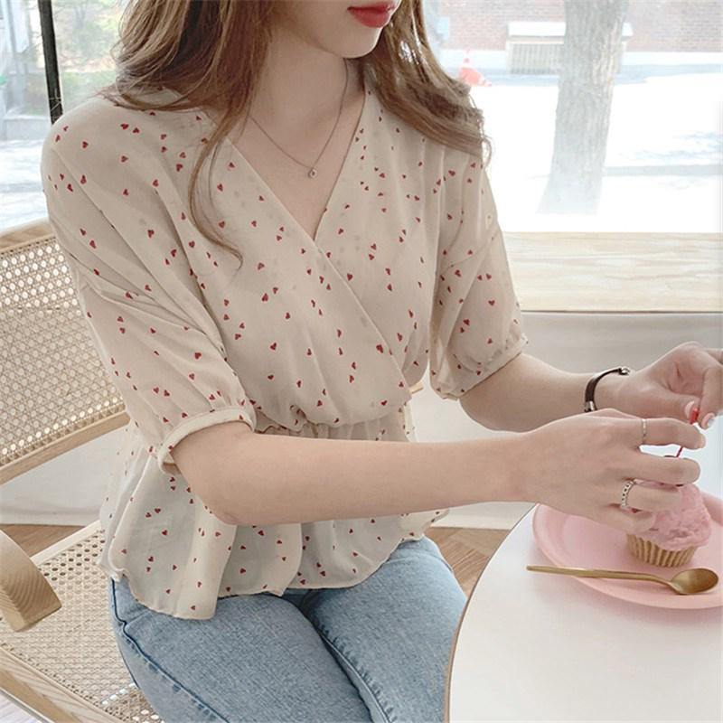 Korean Blouse Polka Dot Fashion Tops Short Sleeve Vneck Elegant Women