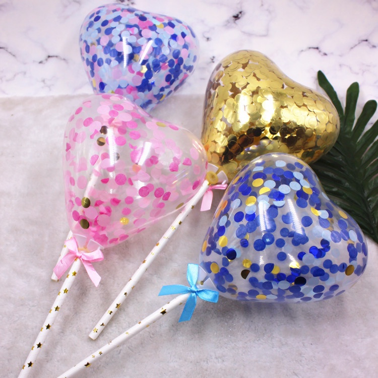 Heart Shaped Confetti balloons 12inch Confetti Latex Balloons with Sticks Rods for Birthday Cake
