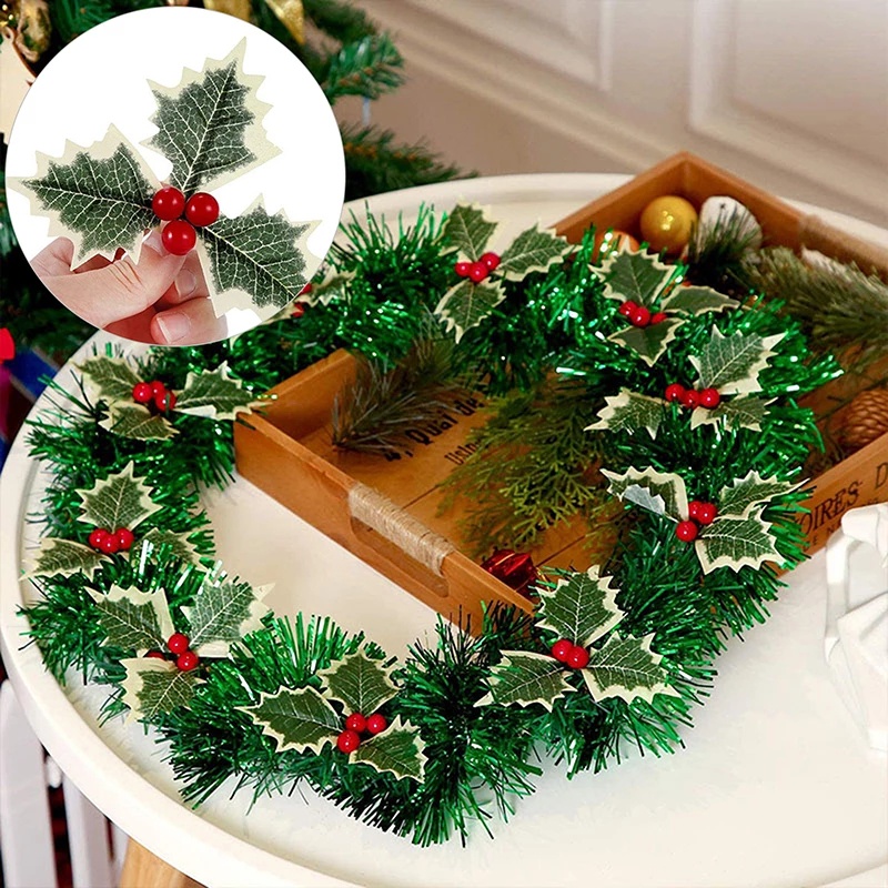 5Pcs Simulation Christmas Small Red Fruit Leaves Christmas Tree
