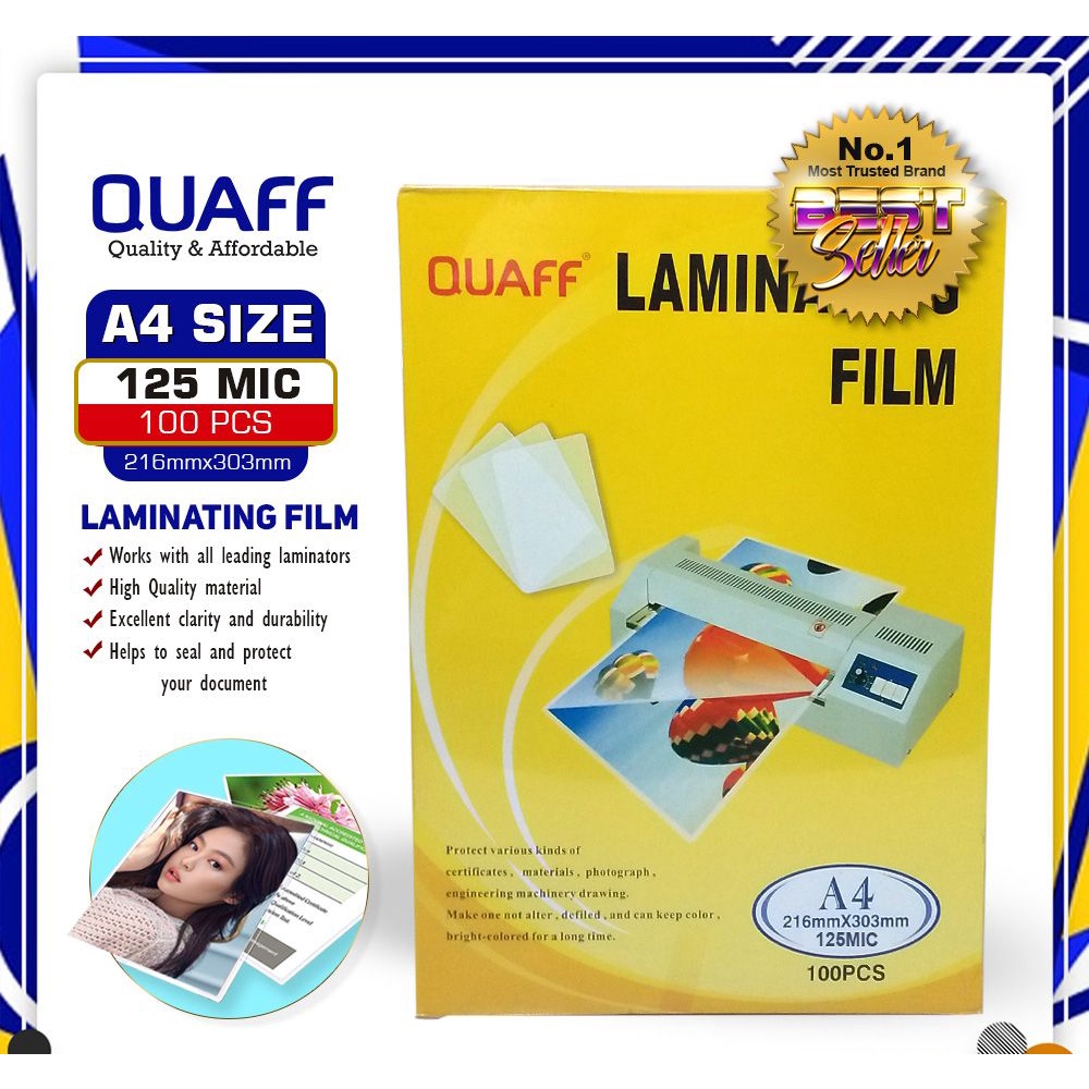 QUAFF Laminating Film A4 Size 216x303mm 125 and 250 Microns (100 sheets