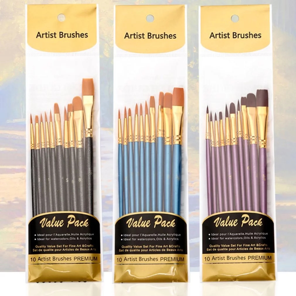 10Pcs Artist Nylon Paint Brush Professional Watercolor Acrylic Wooden