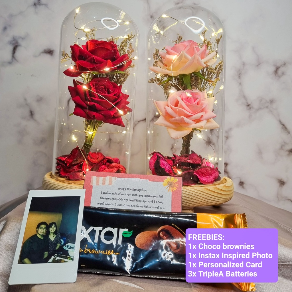 TORA COLLECTION Scented Artificial Flowers in Glass Dome with LED Lights (Free choco, instax