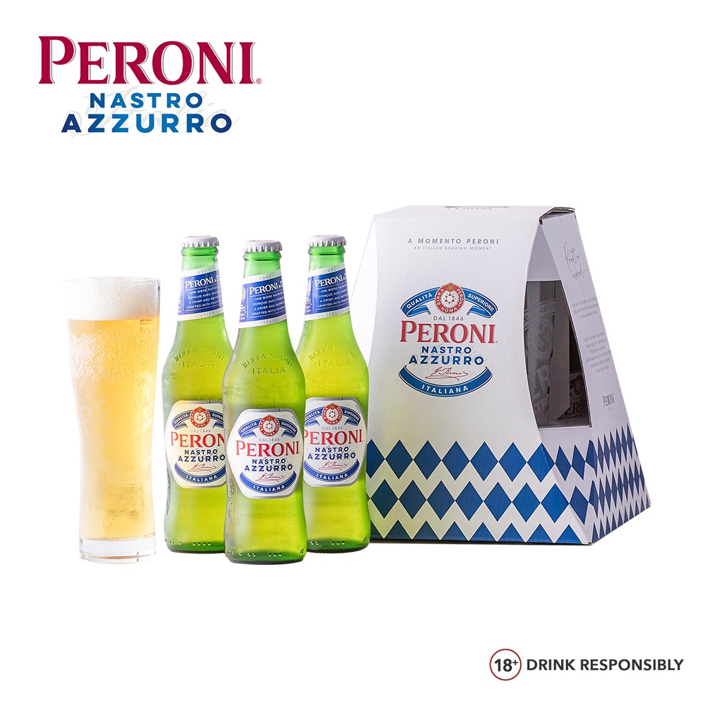 Peroni Regalo Set 3 bottles of Peroni 330ml and 1 Peroni Beer Glass Lager Beer, Italy
