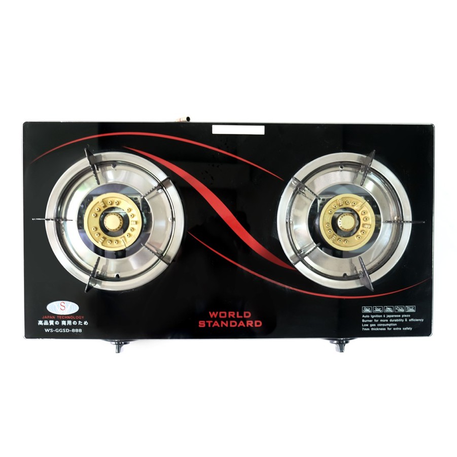 World Standard Deluxe Heavy Duty Tempered Glass Top Double Burner Gas