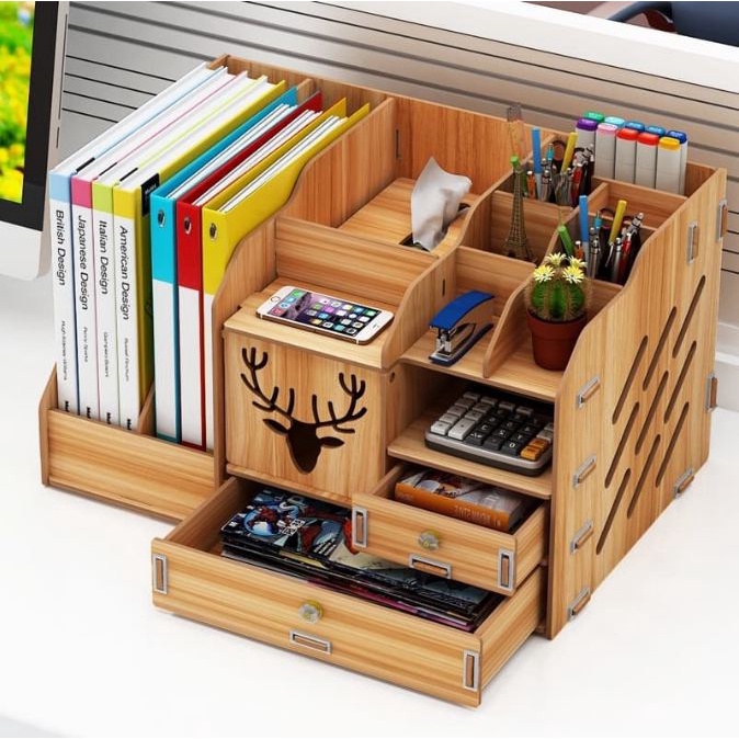 Office Multifunction DIY Wooden Desk Organizer Pen Box Stationary
