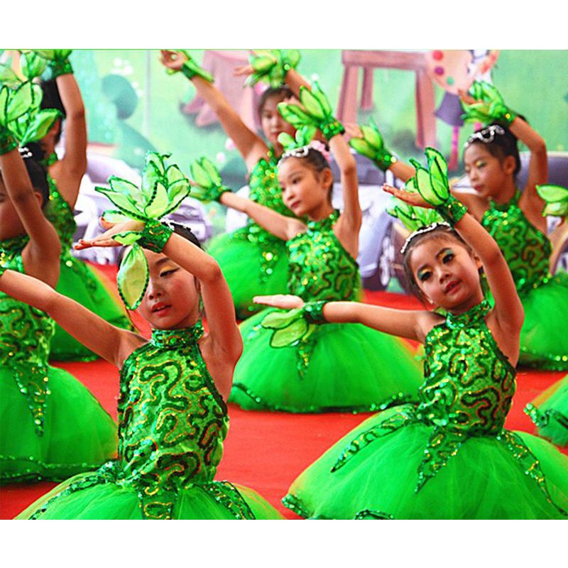 Green Leaf Dress For Girls Leaf Costume Children's Performance Dance Costumes Botany Cosplay